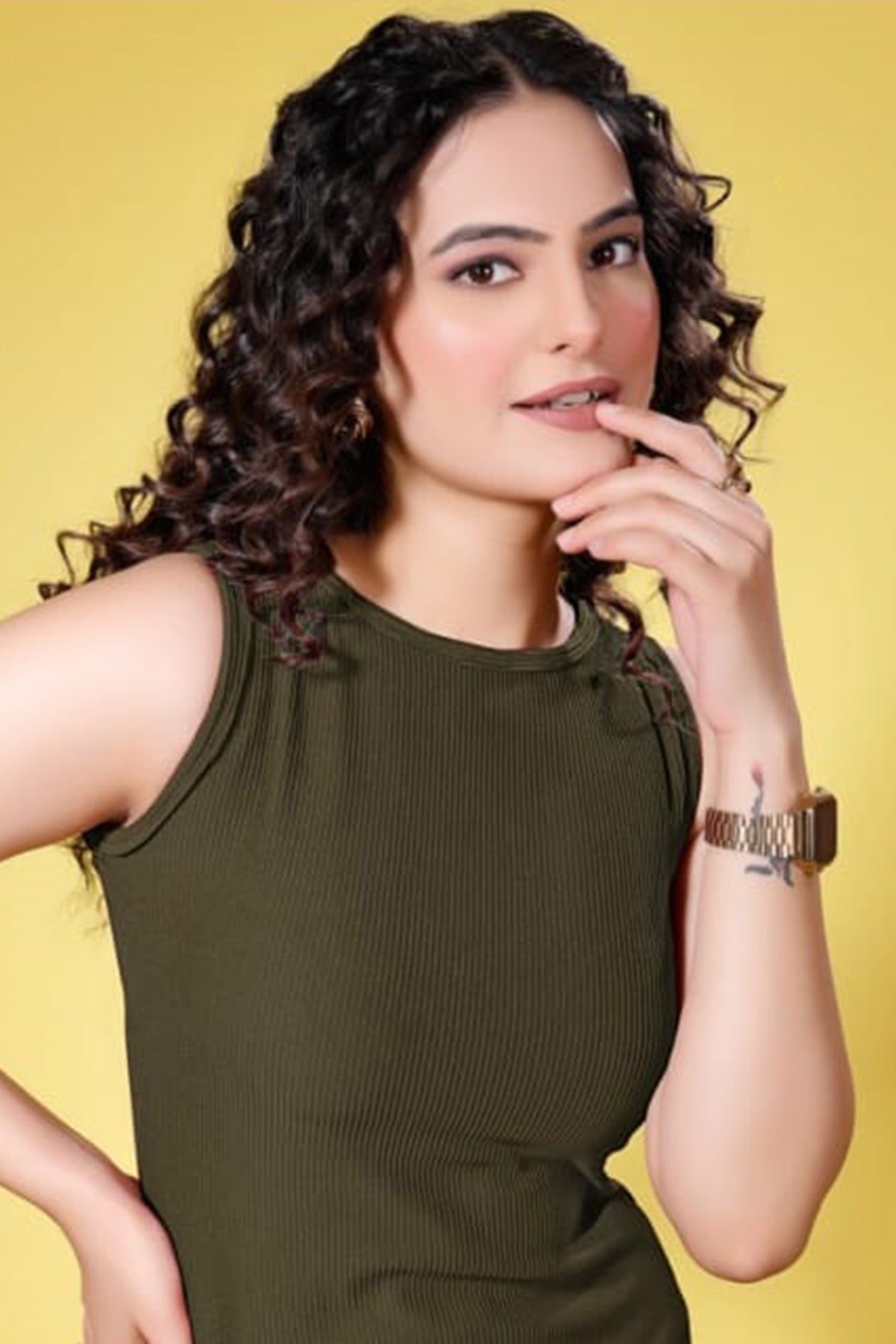 Mehendi Ribbed Plain Midi Dress