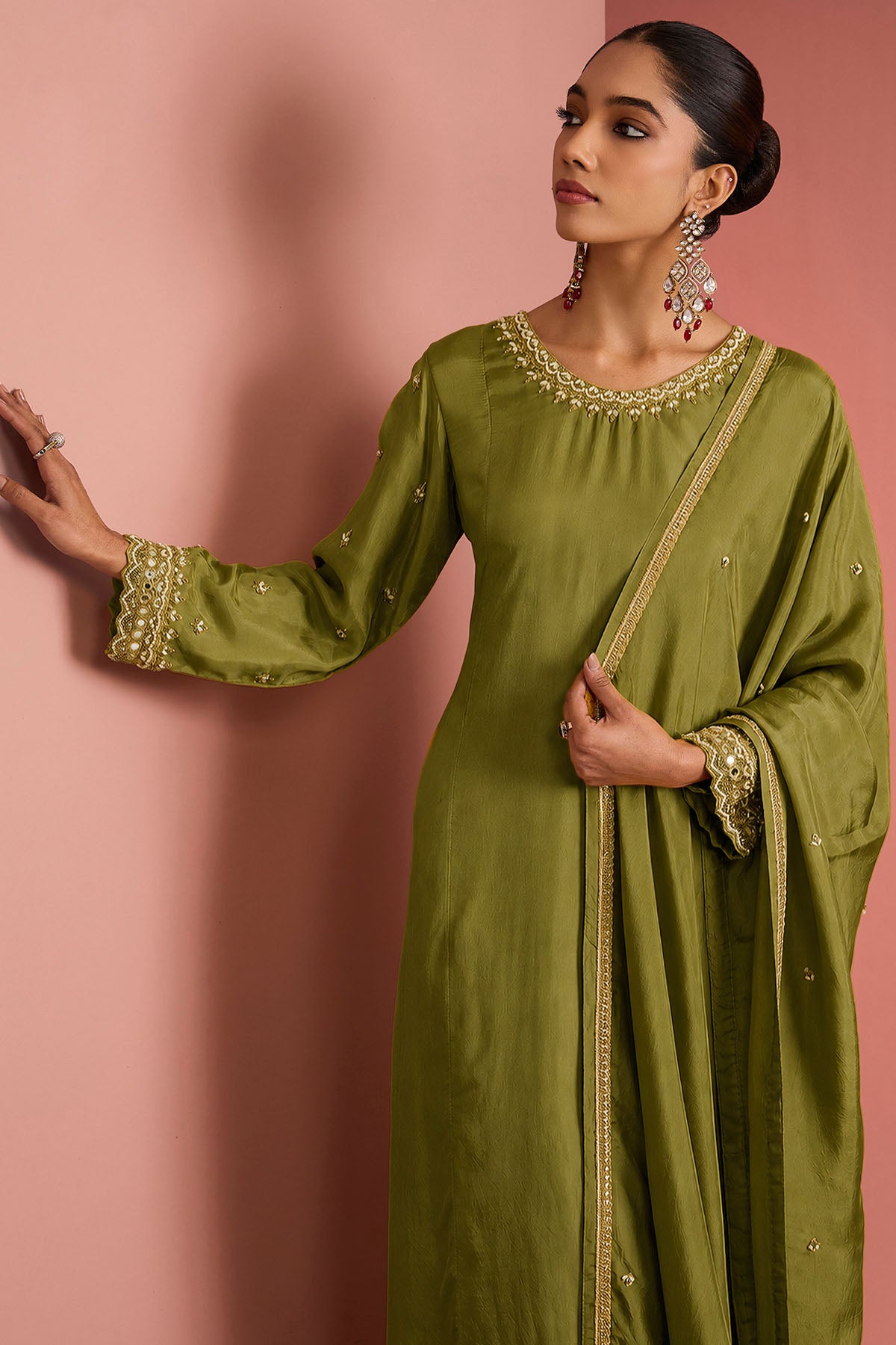 Mehendi Silk Cutdana Kurta Set