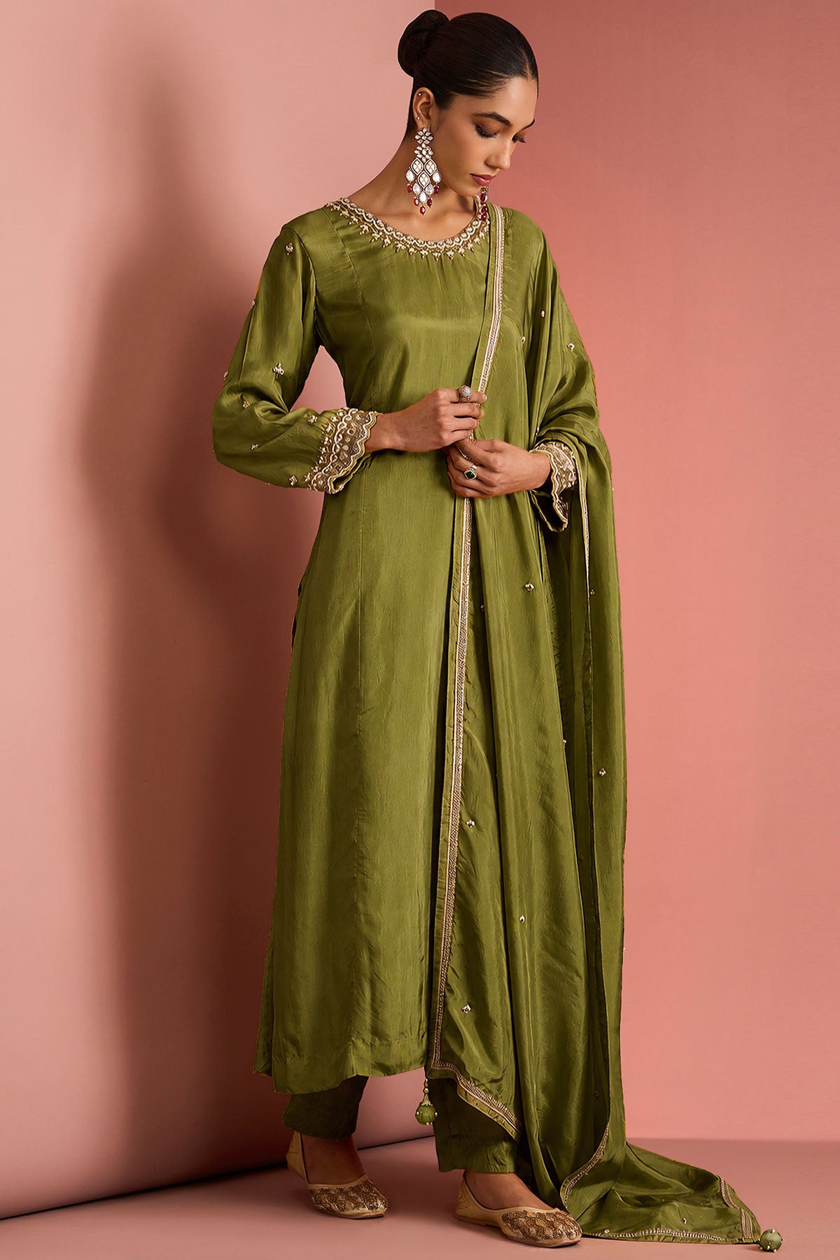 Mehendi Silk Cutdana Kurta Set