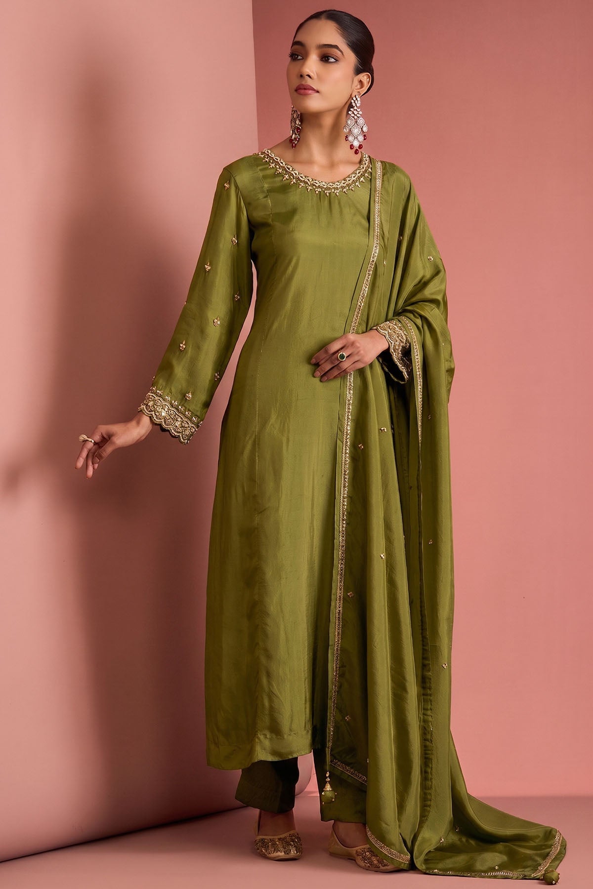 Buy Mehendi Silk Cutdana Kurta Set for women by Milu Madan online available at scrollnshops