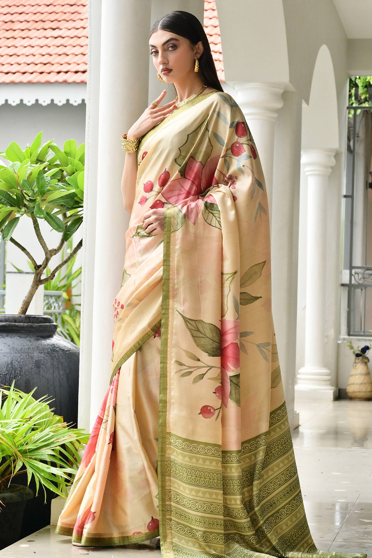 Mehendi Silk Flower Zari Saree