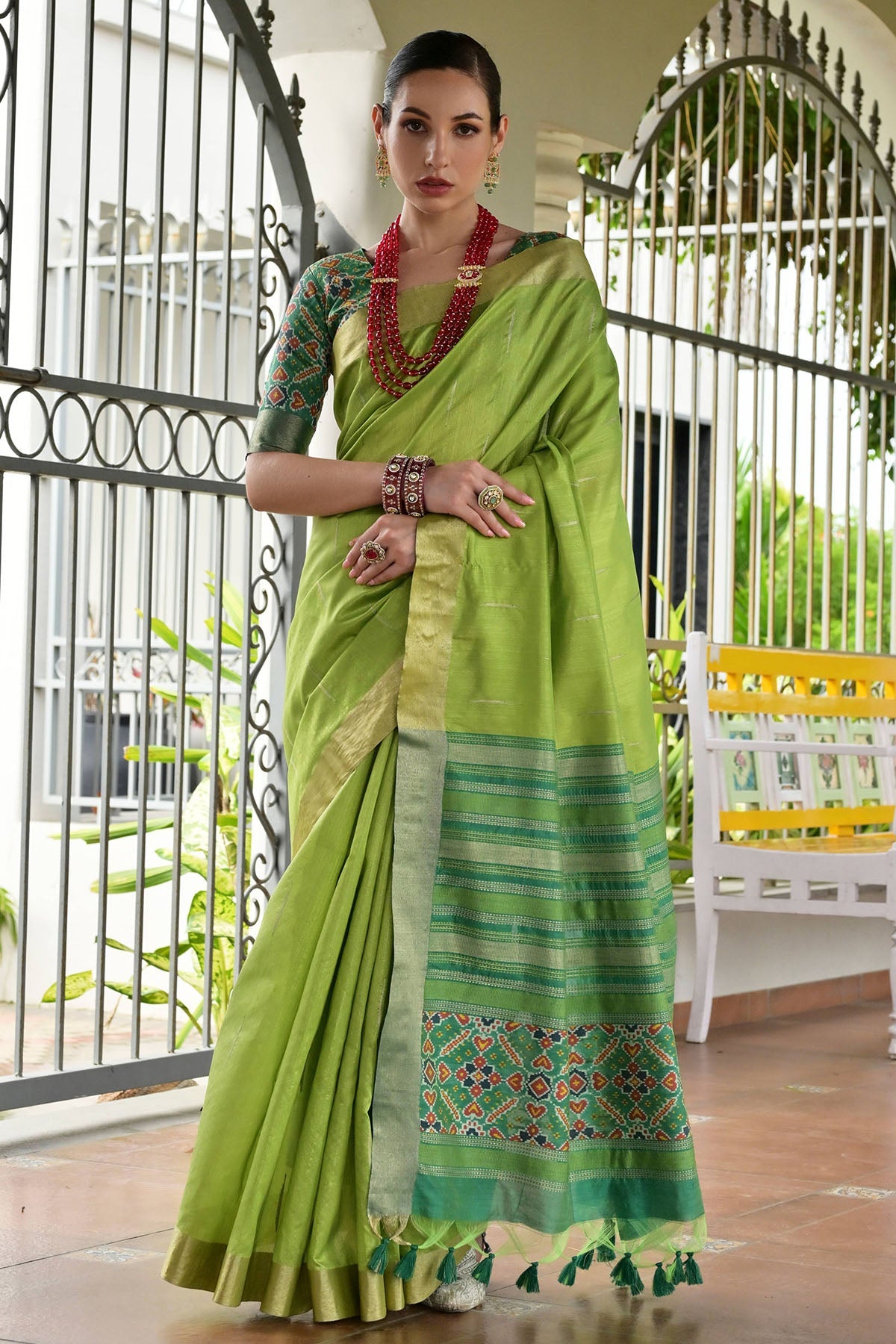 Buy Mehendi Silk Patola Woven Saree for women by Lili Lala Designer online available at scrollnshops