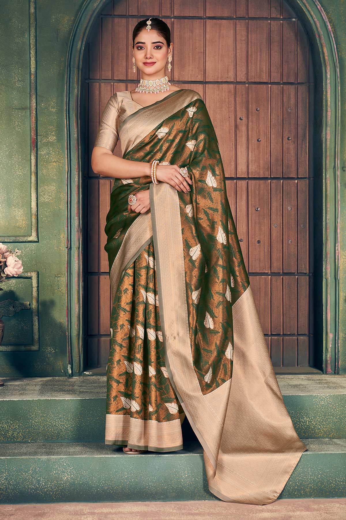 Buy Mehendi Silk Zari Woven Saree for women by Jyoti Fashion online available at scrollnshops