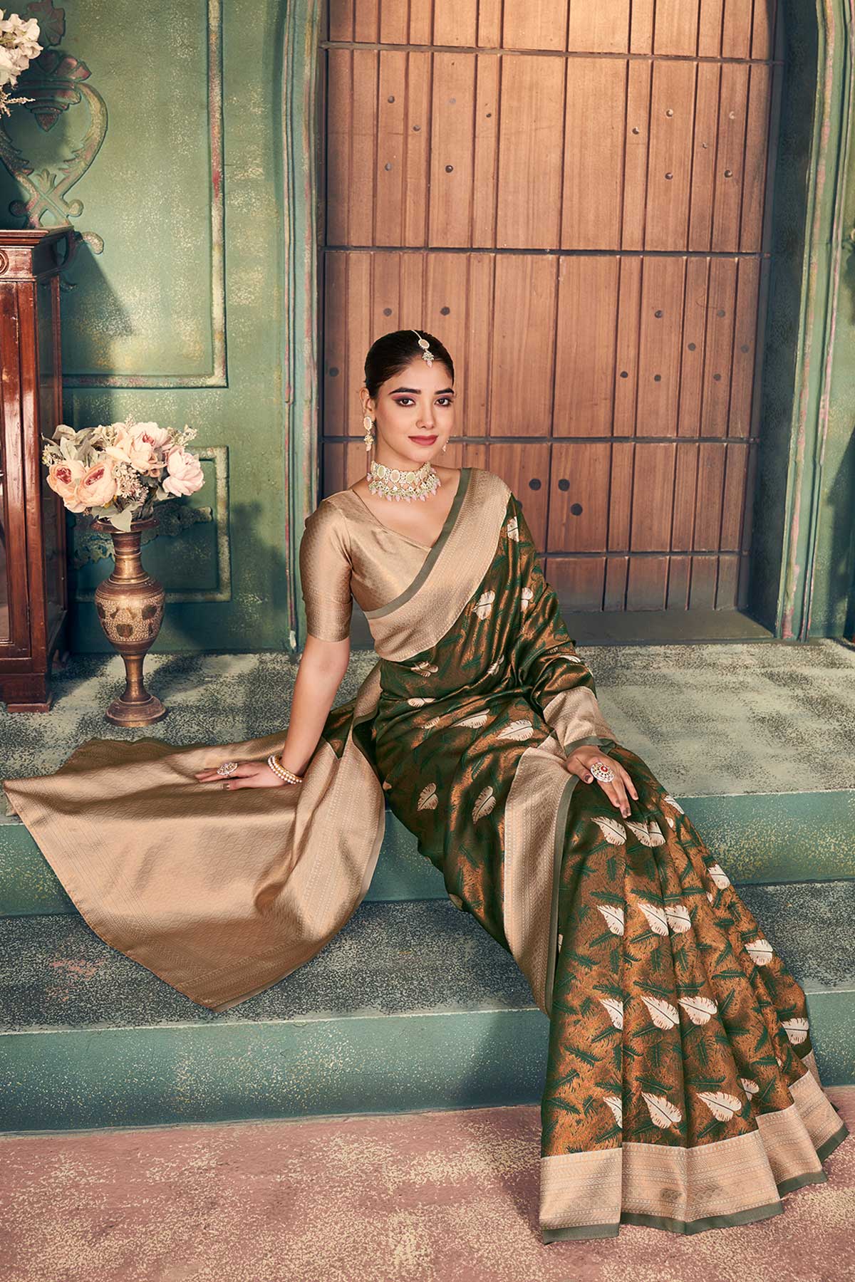 Mehendi Silk Zari Woven Saree