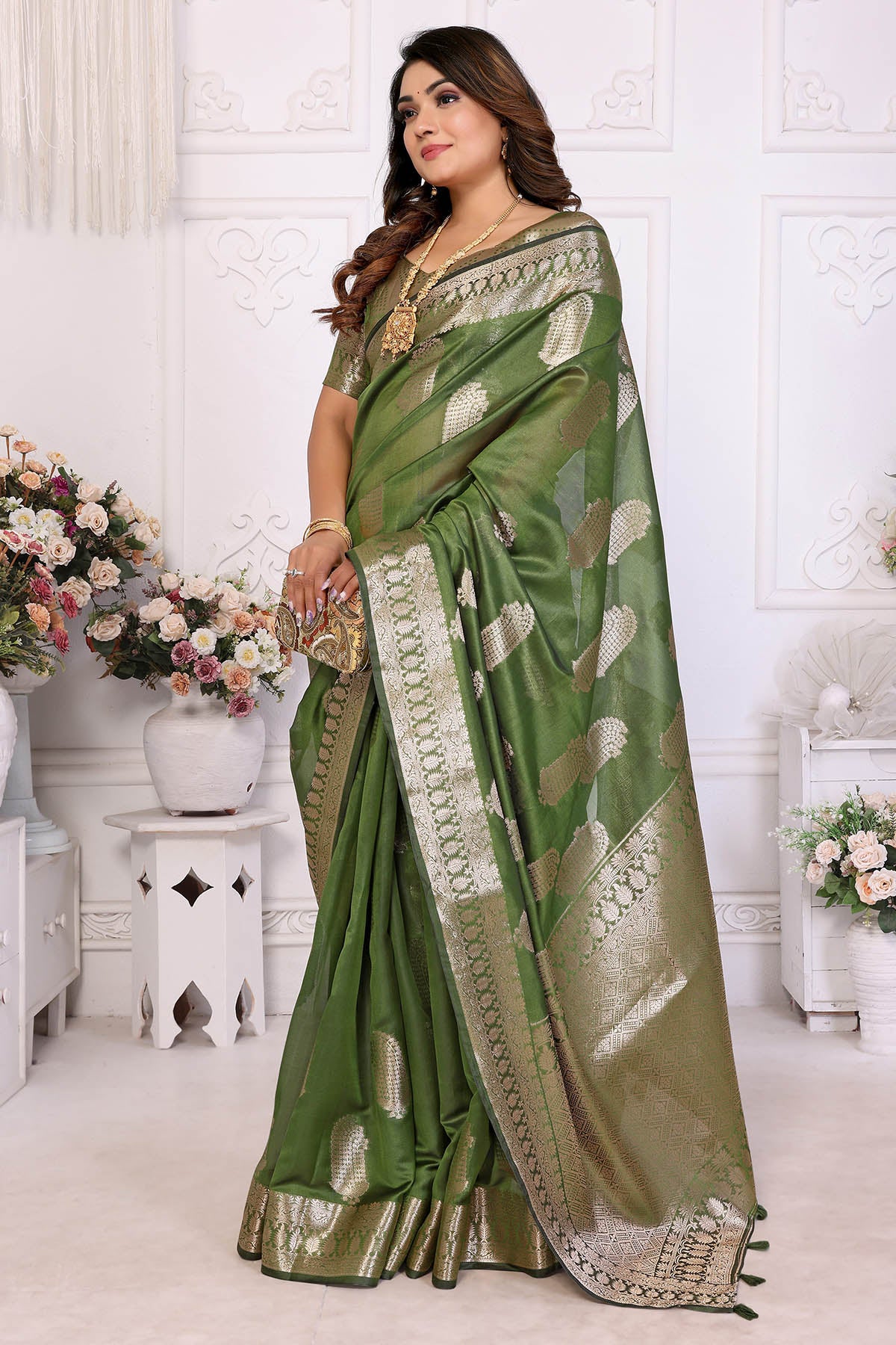 Mehendi Soft Organza Silk Saree