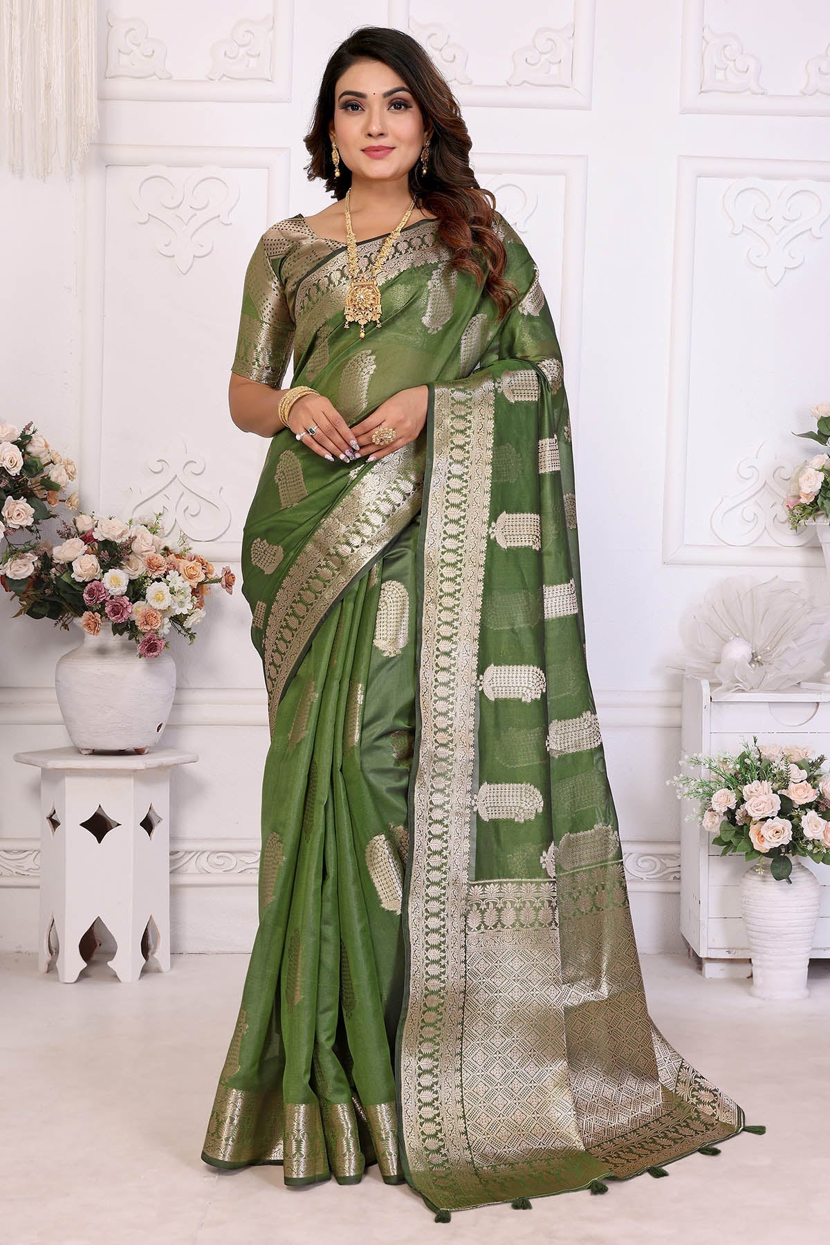 Buy Mehendi Soft Organza Silk Saree for women by Aastha Fashion online available at scrollnshops