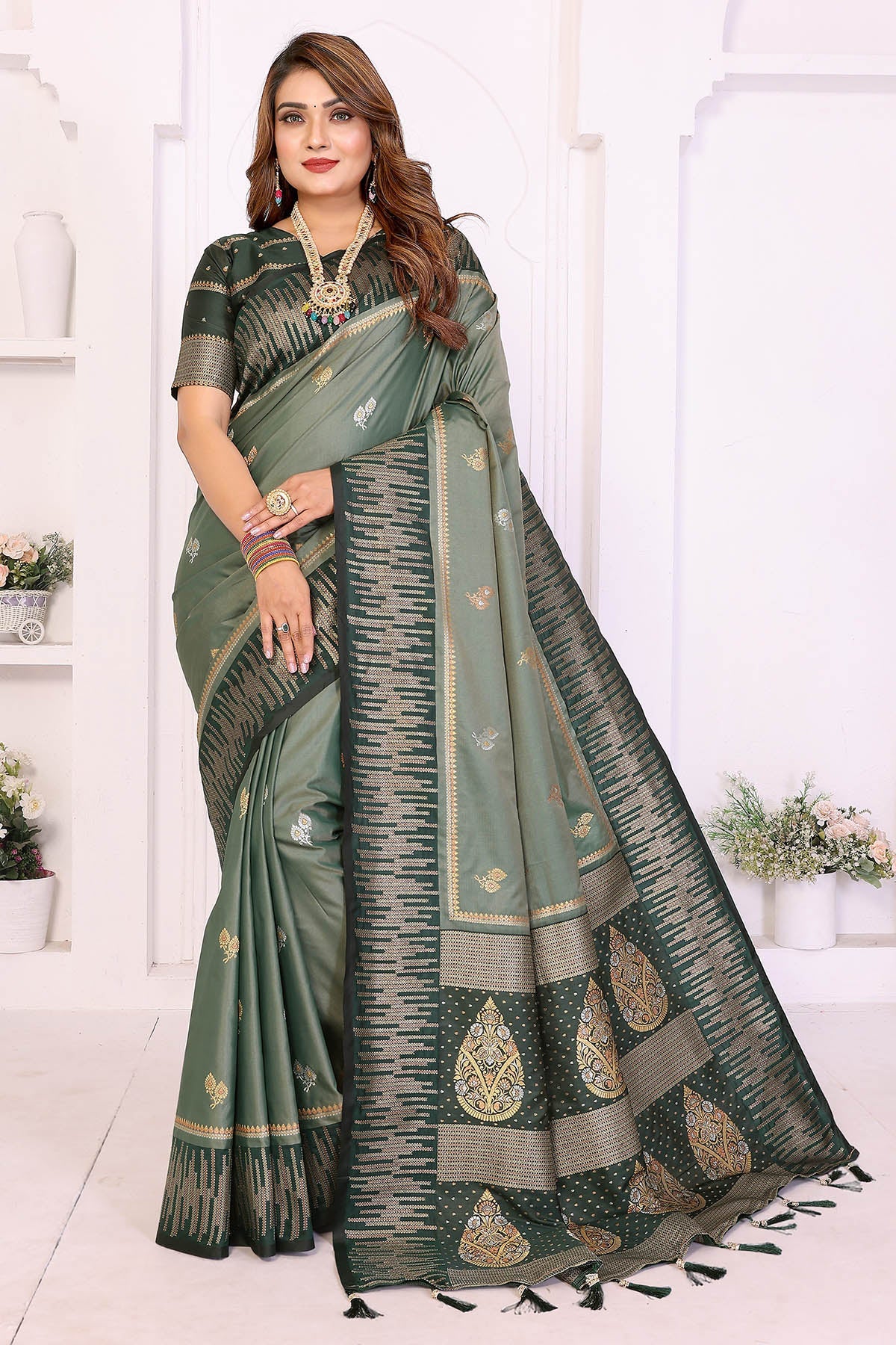Buy Mehendi Soft Silk Zari Saree for women by Aastha Fashion online available at scrollnshops