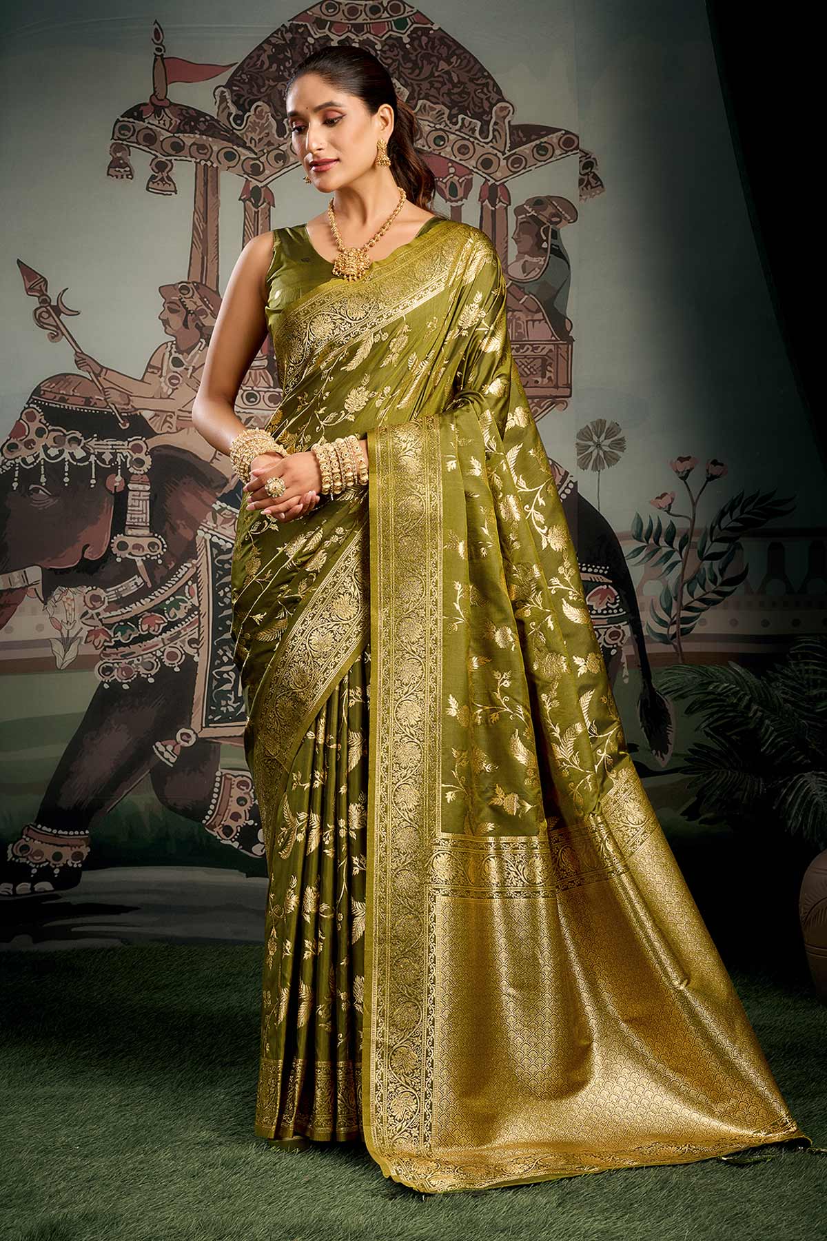 Buy Soft Silk Mehendi Zari Saree for women by Jyoti Fashion online available at scrollnshops
