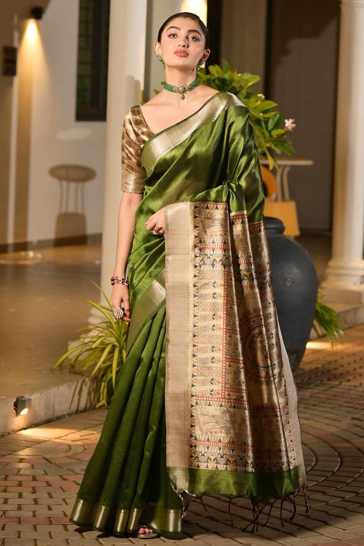 Buy Mehendi Soft Tussar Silk Saree for women by Lili Lala Designer online available at scrollnshops