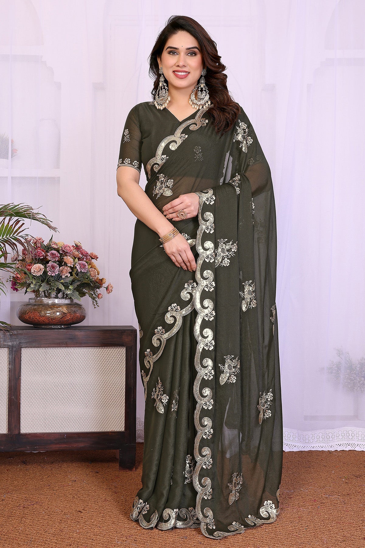 Buy Mehendi Star Georgette Saree for women by Aastha Fashion online available at scrollnshops