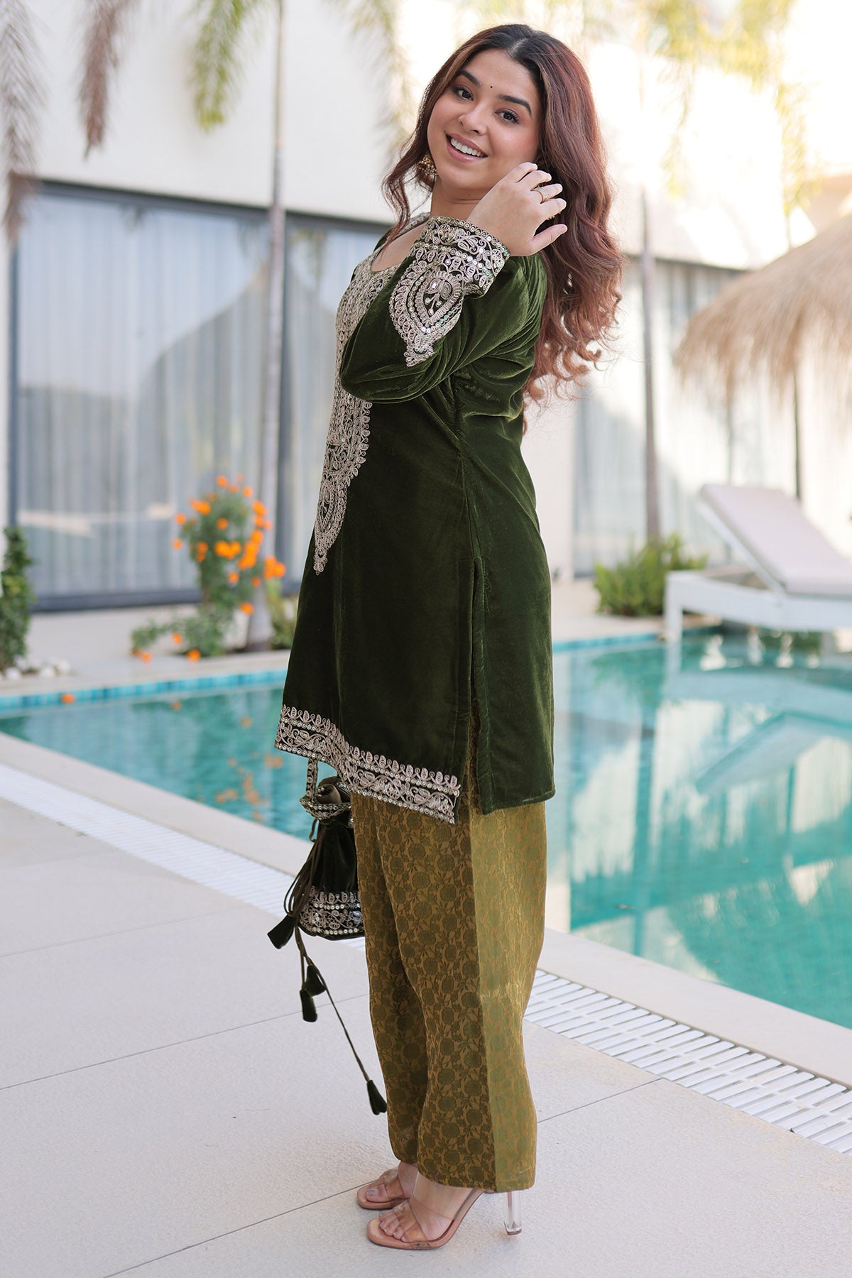 Mehendi Velvet Zari Kurta Set