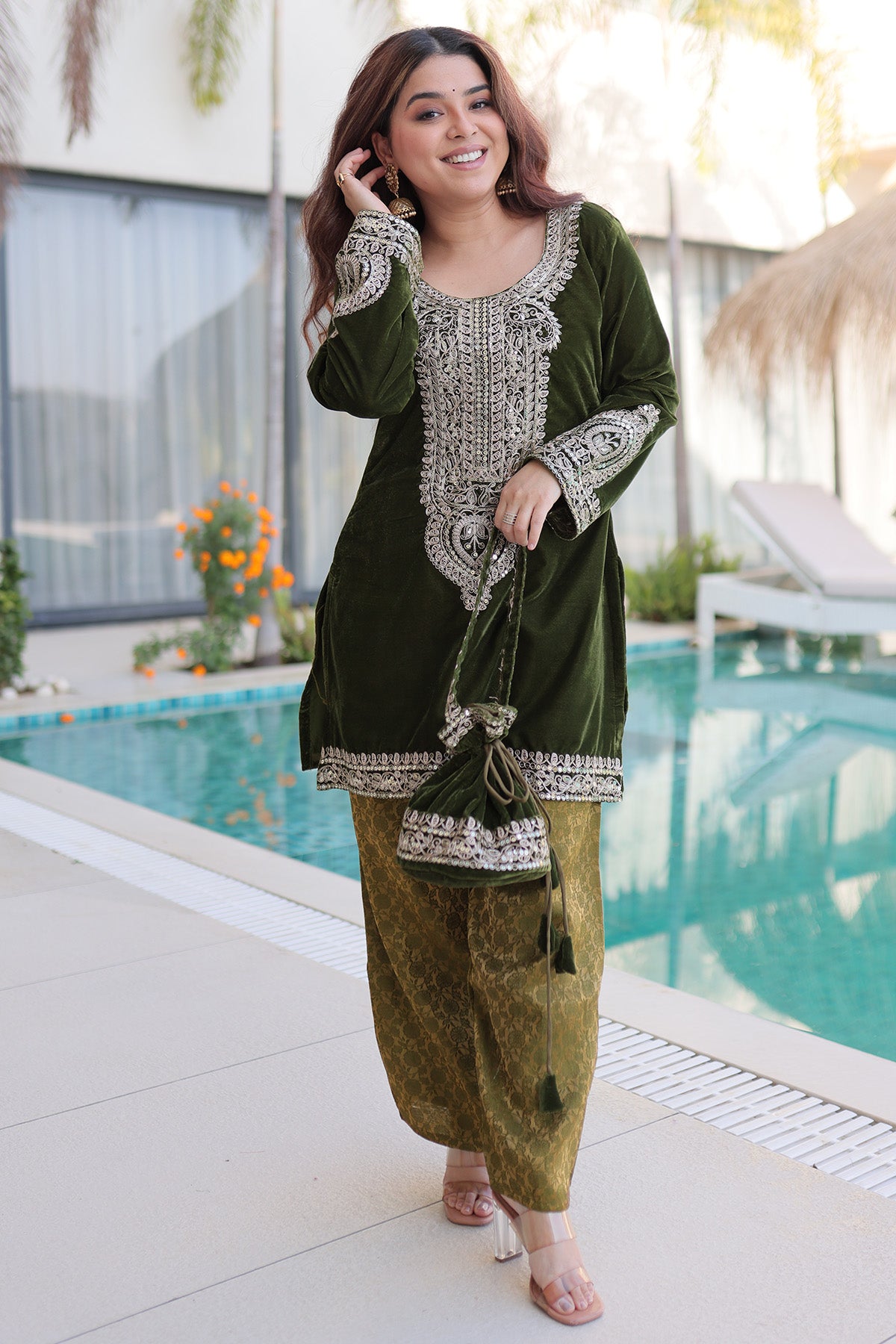 Mehendi Velvet Zari Kurta Set