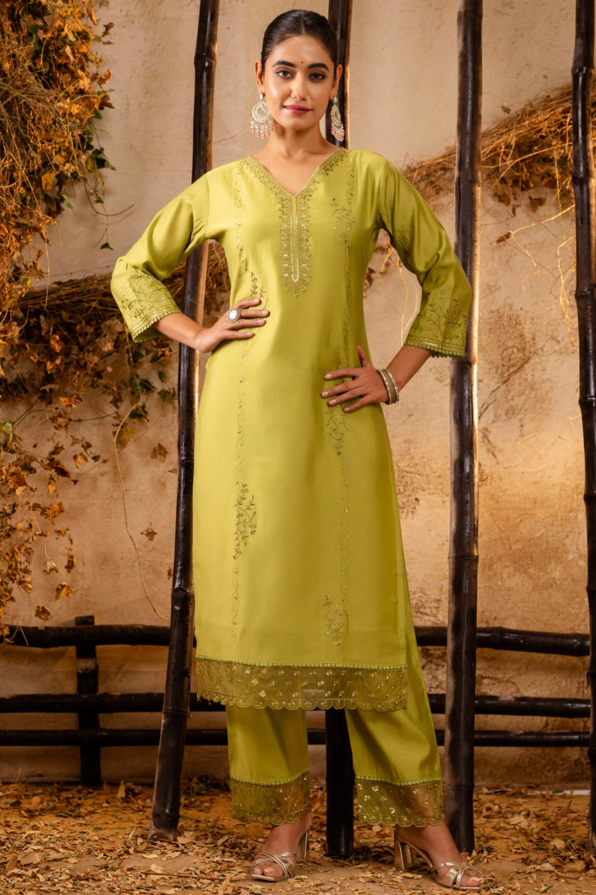 Mehendi Viscose Silk Kurta Set