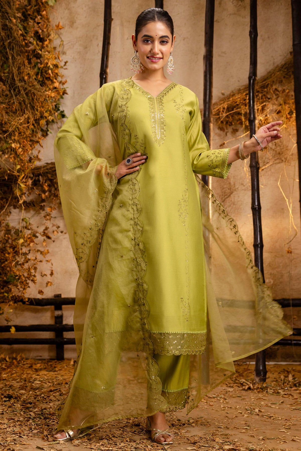 Buy Mehendi Viscose Silk Kurta Set for women by Aastha Fashion online available at scrollnshops