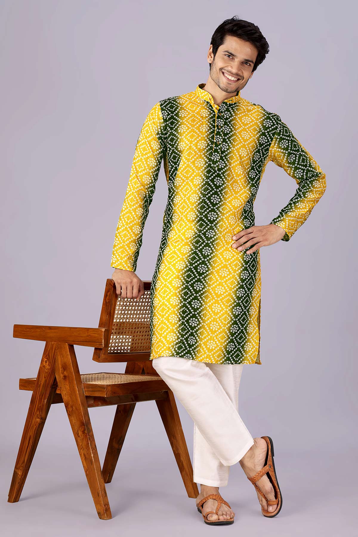 Buy Mehendi & Yellow Bandhani Kurta for women by Priyanka Jain online available at scrollnshops