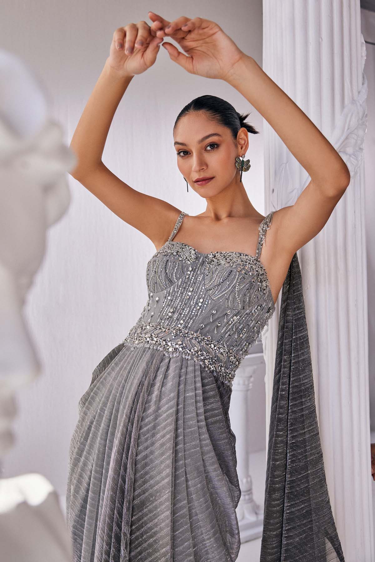 Metallic Ombre Draped Saree Gown