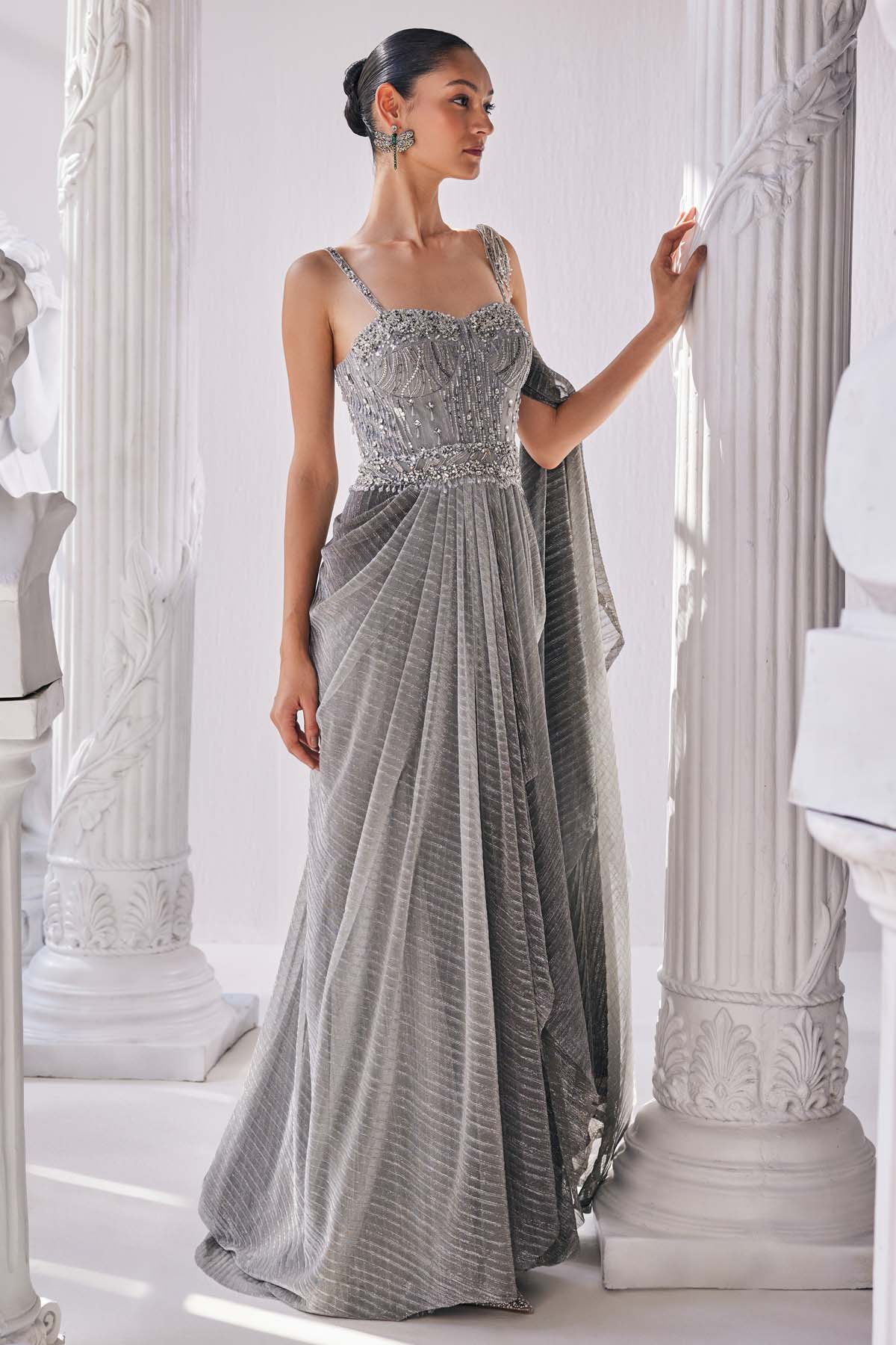 Metallic Ombre Draped Saree Gown