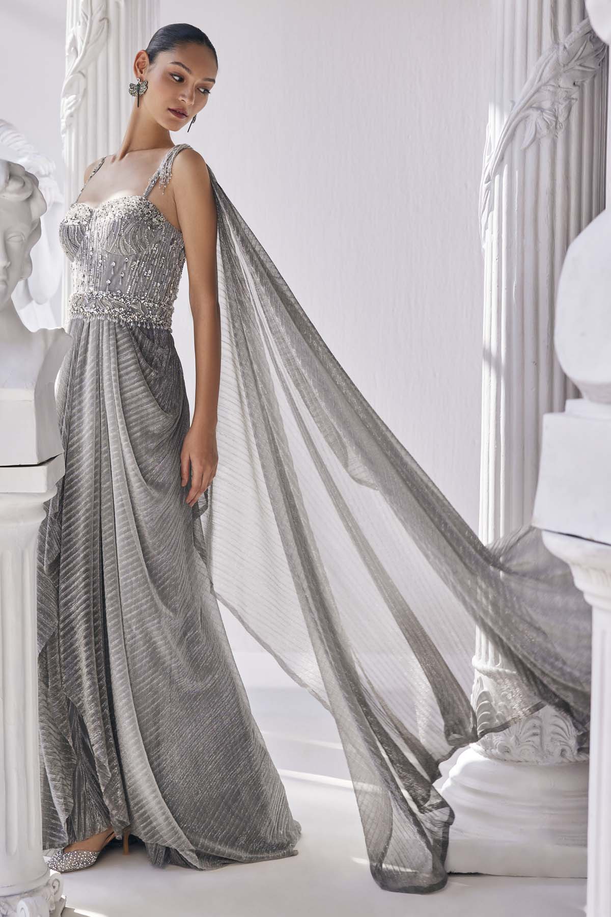 Metallic Ombre Draped Saree Gown