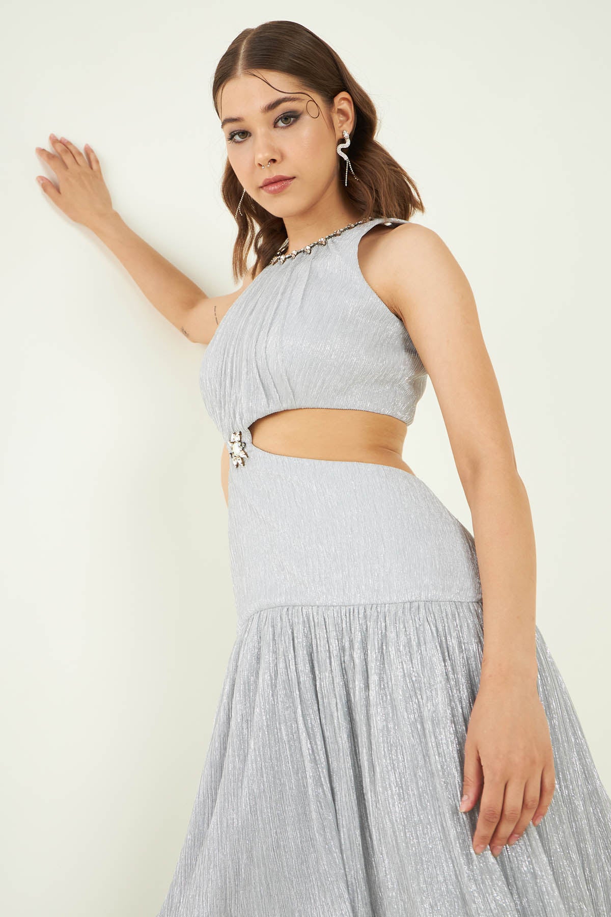 Metallic Silver Tiered Dress