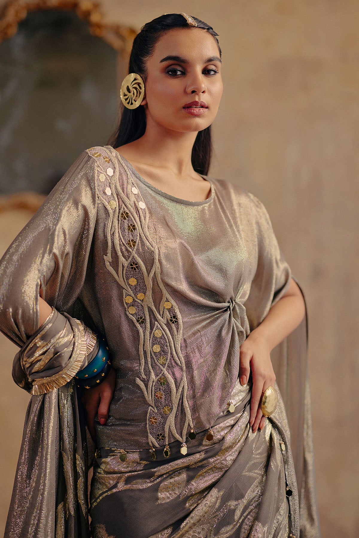 Metallic Draped Motif Saree Set