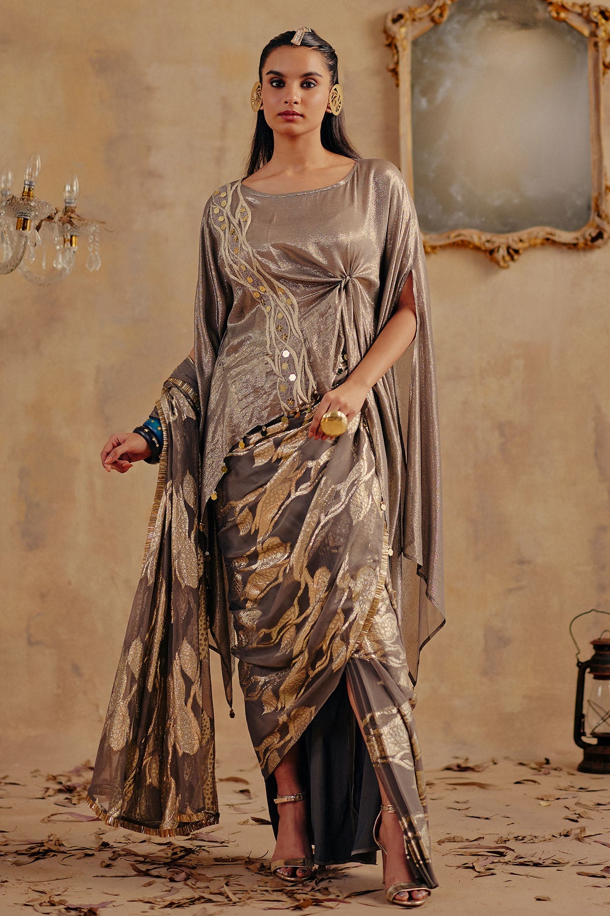 Buy Metallic Draped Motif Saree Set for women by Ajiesh Oberoi online available at scrollnshops