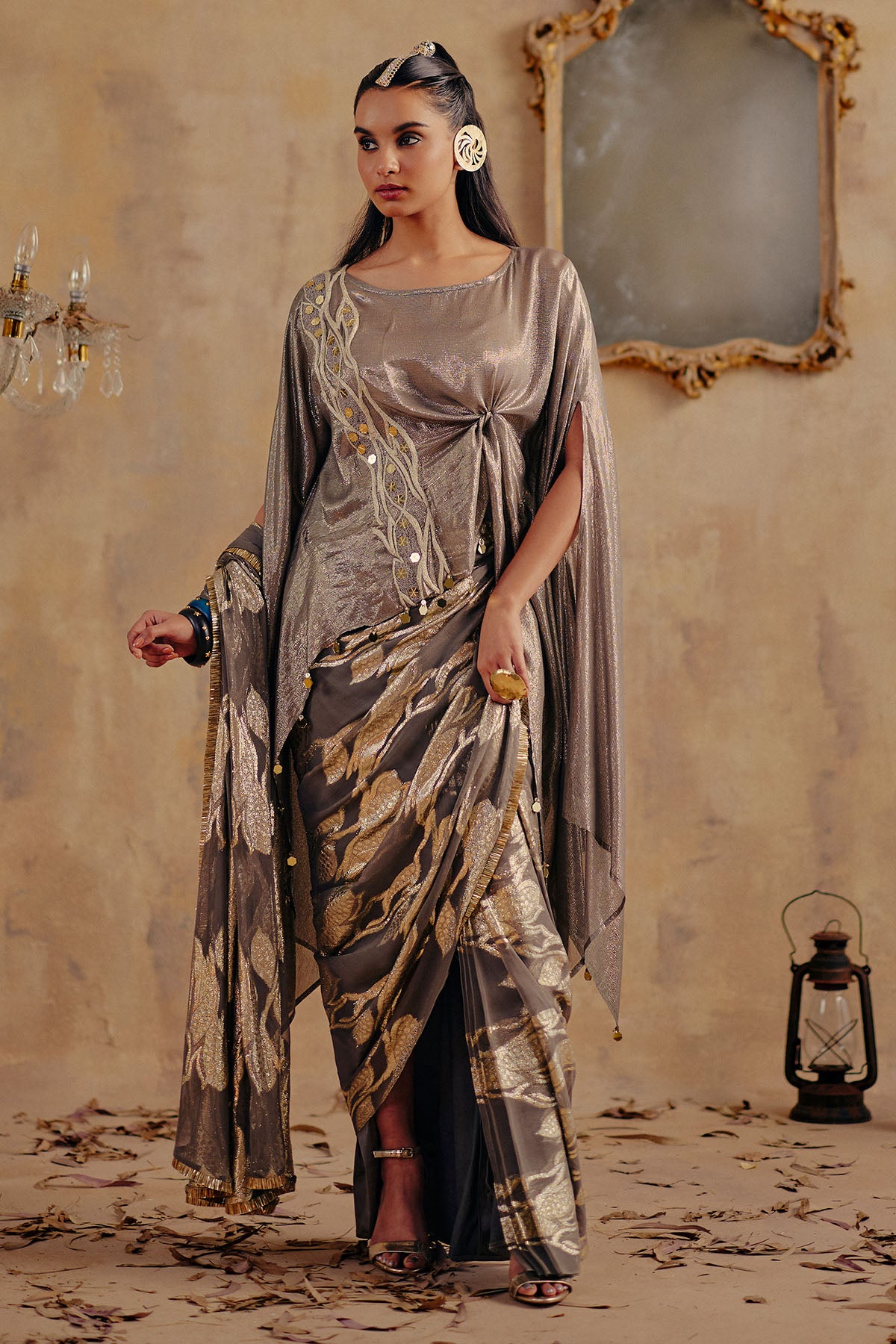 Metallic Draped Motif Saree Set