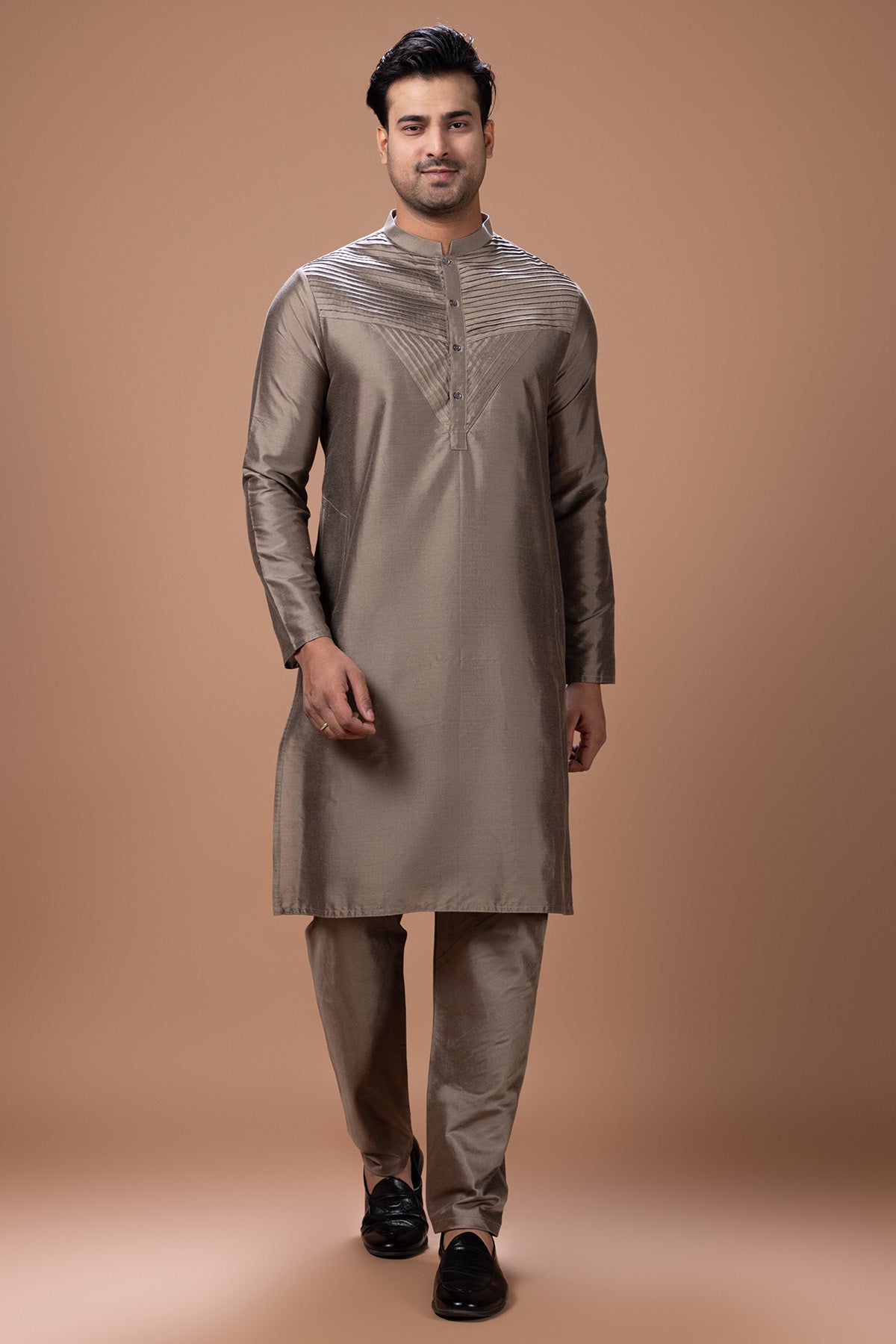 Buy Metallic Fawn Pleated Kurta Set for men by Priyanka Haralalka online available at scrollnshops