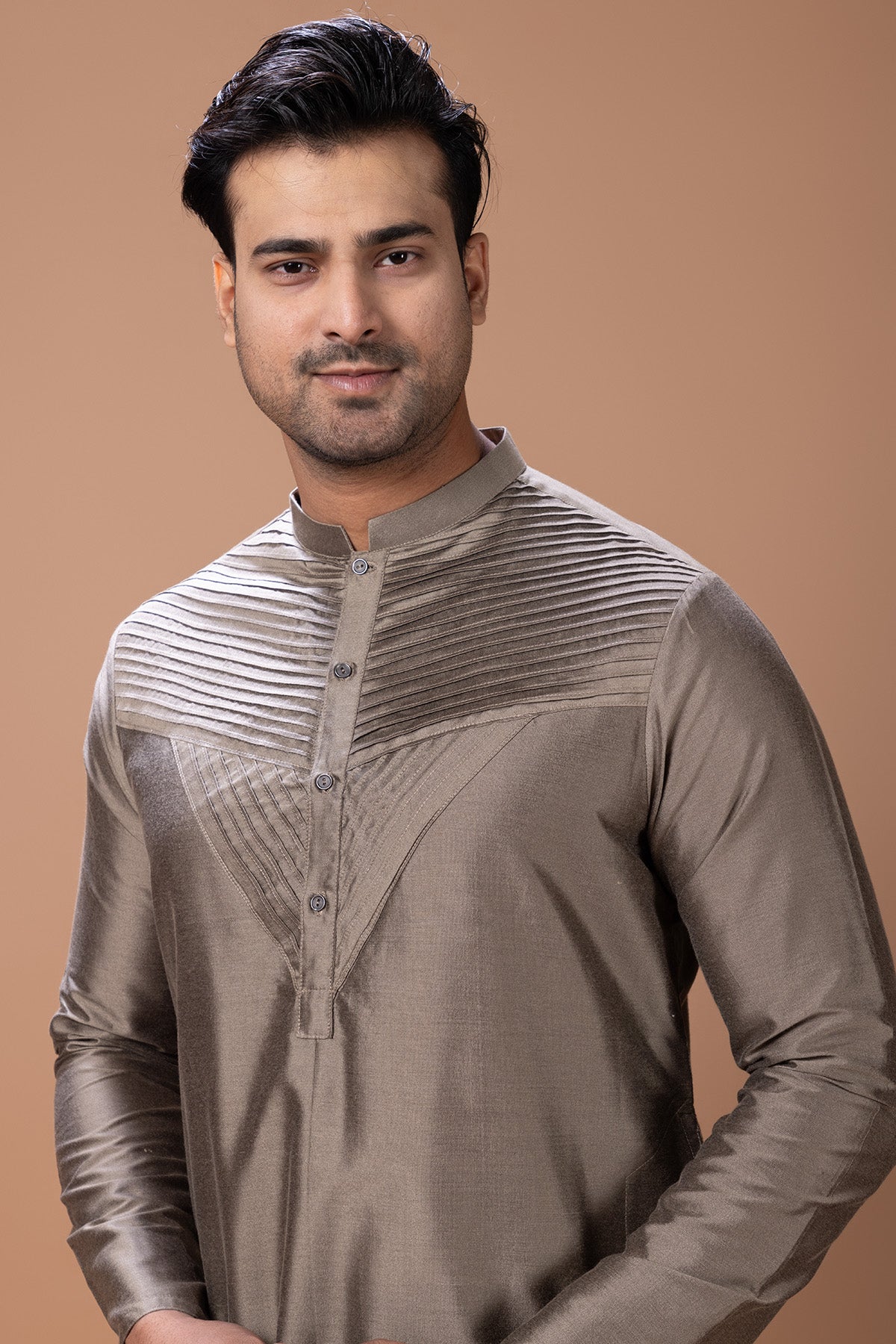 Metallic Fawn Pleated Kurta Set