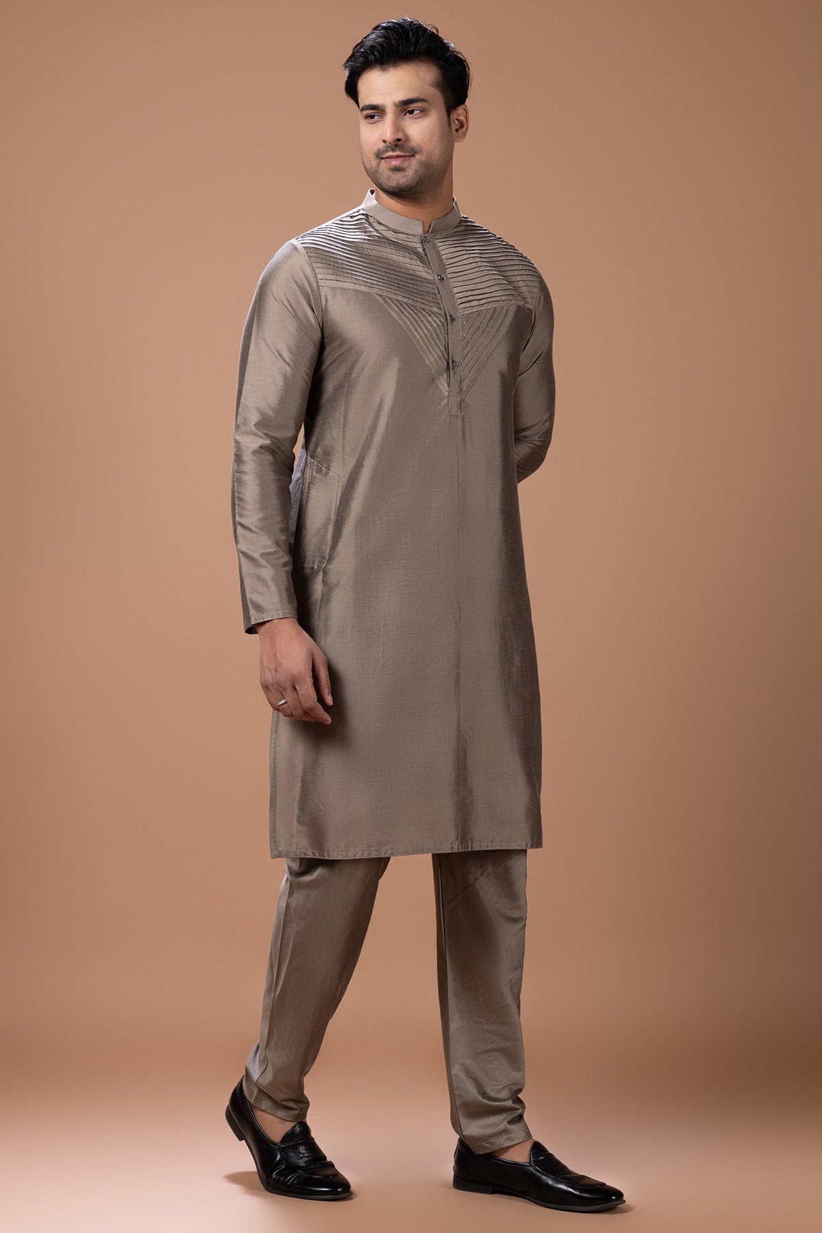 Metallic Fawn Pleated Kurta Set