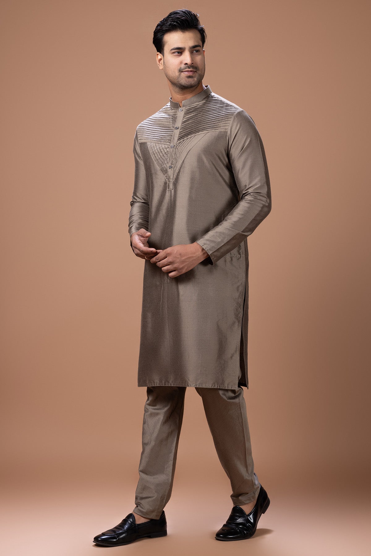 Metallic Fawn Pleated Kurta Set