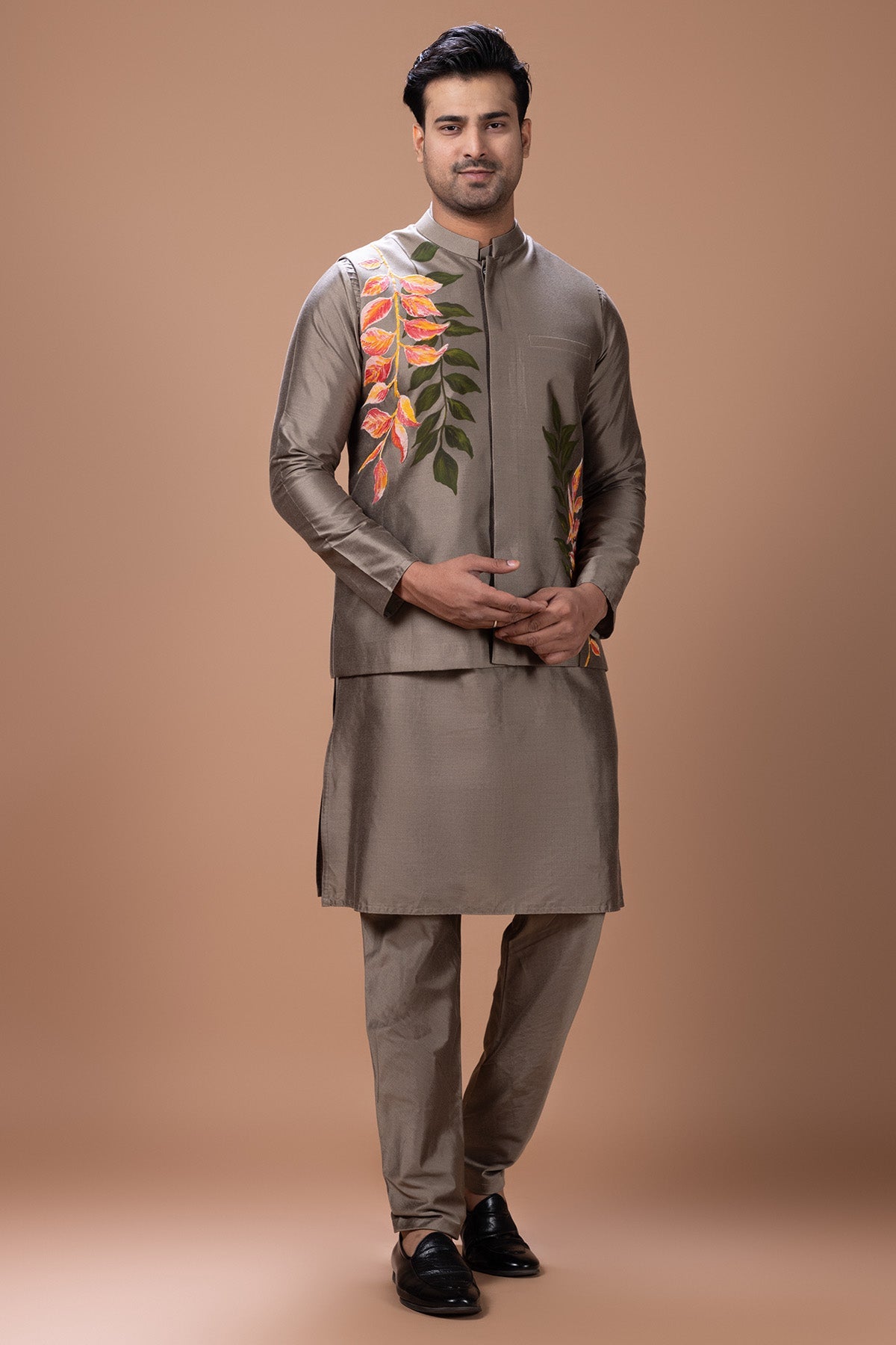 Buy Metallic Leaf Painted Kurta Set for men by Priyanka Haralalka online available at scrollnshops