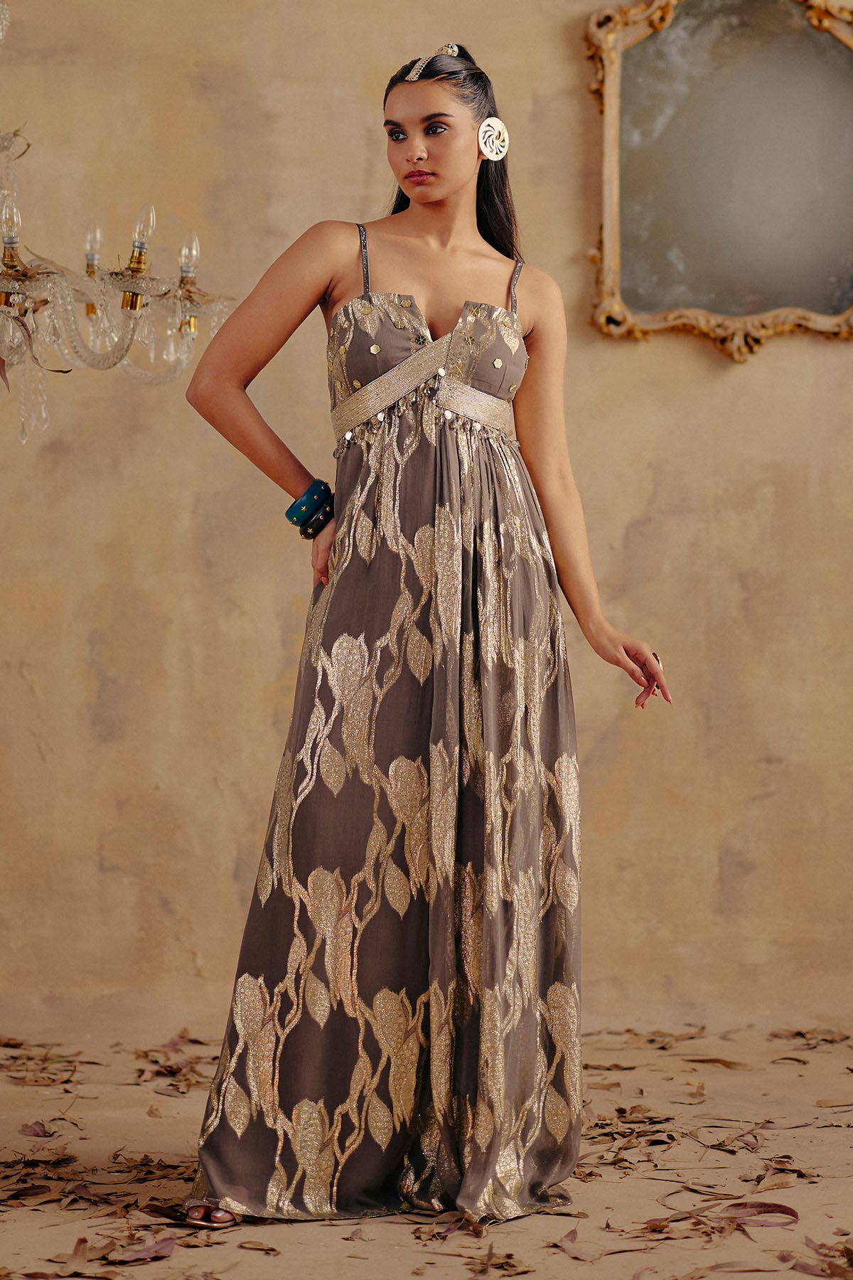 Metallic Lotus Motif Maxi Dress