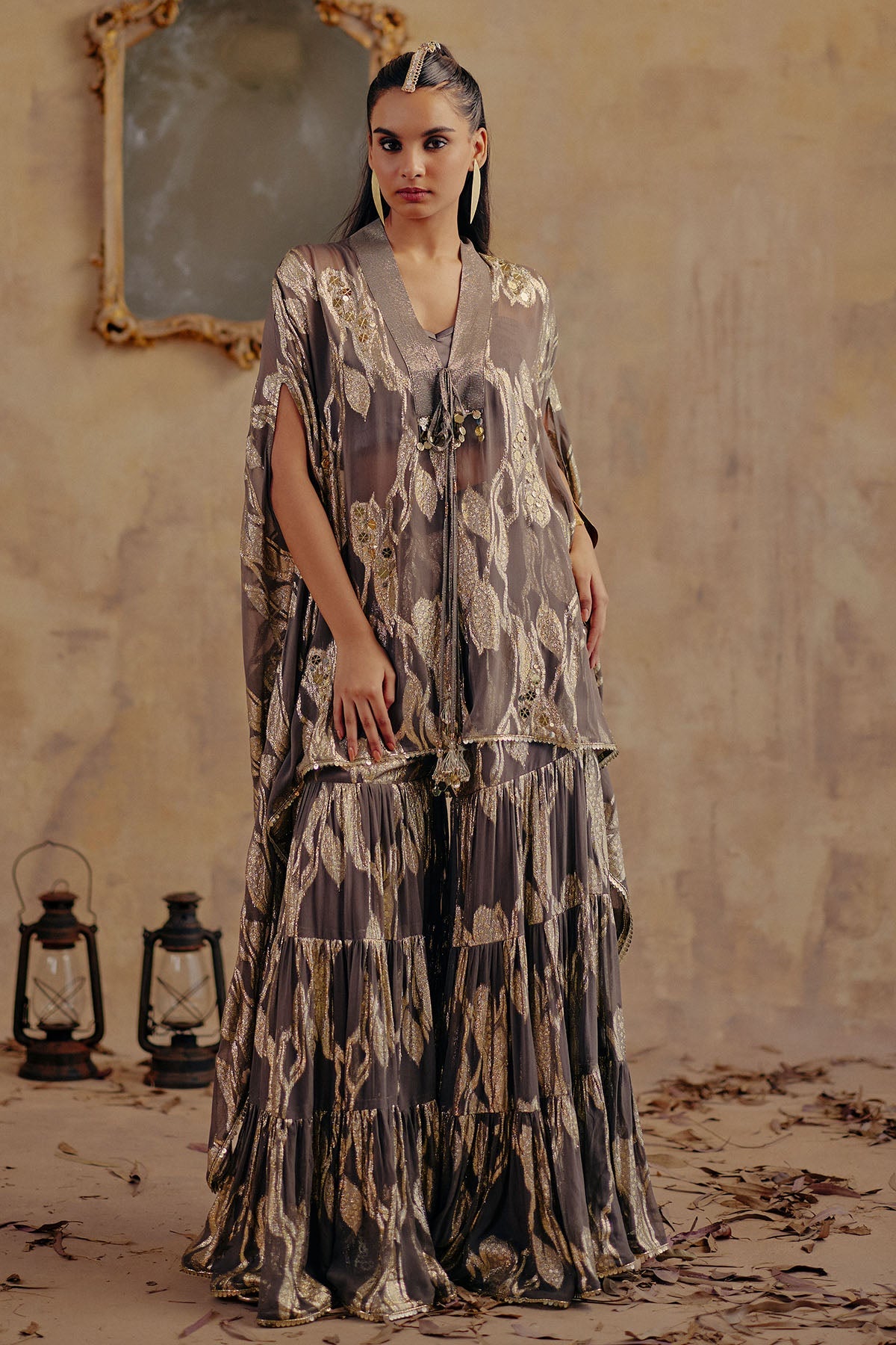 Buy Metallic Motif Indo-Western Set for women by Ajiesh Oberoi online available at scrollnshops