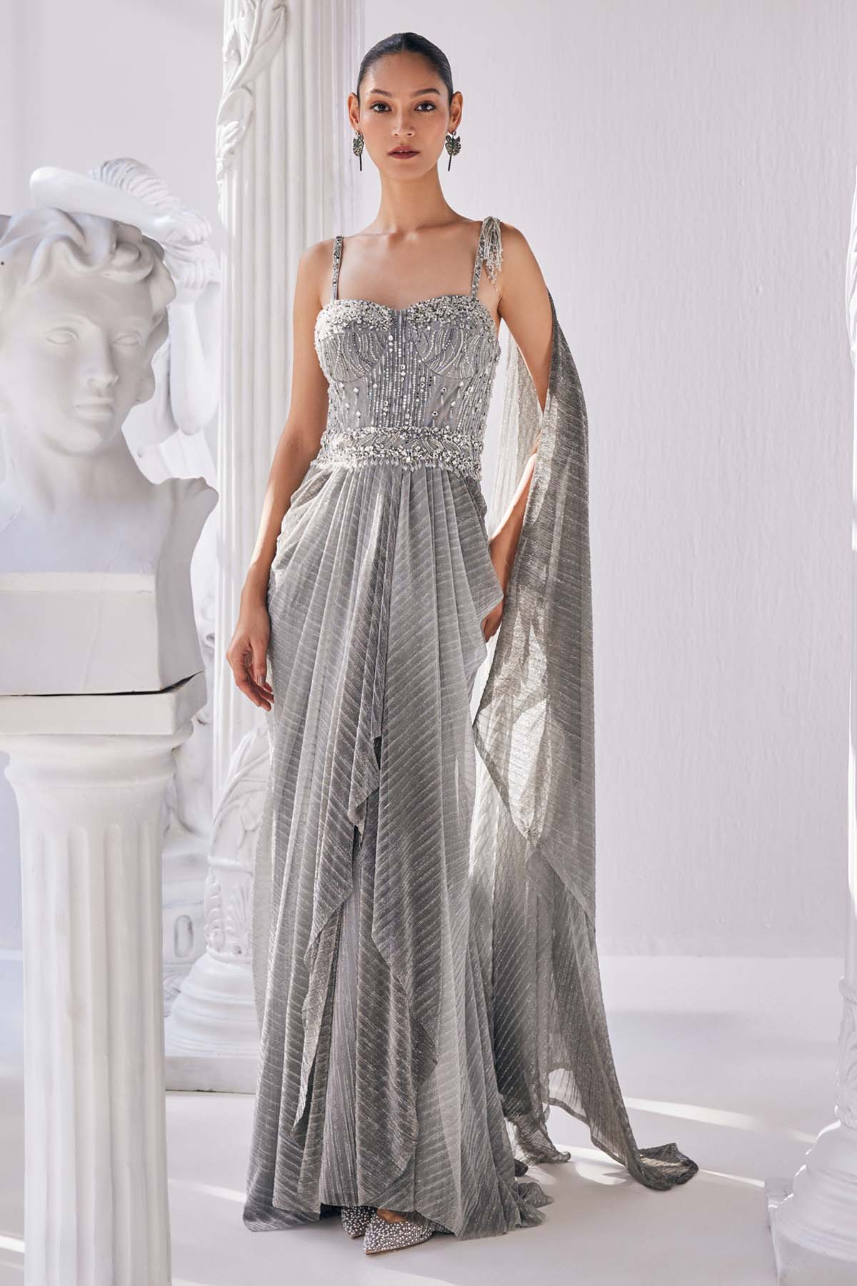 Buy Metallic Ombre Draped Saree Gown by Mandira Wirk