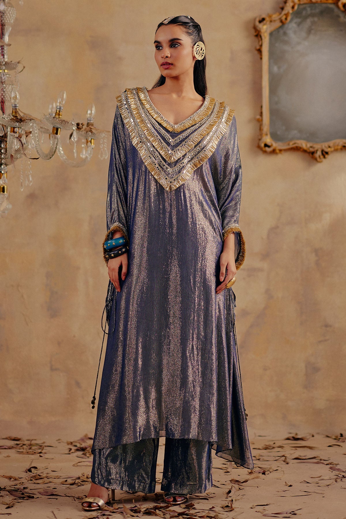 Buy Metallic Sheen Kaftan Kurta Set for women by Ajiesh Oberoi online available at scrollnshops