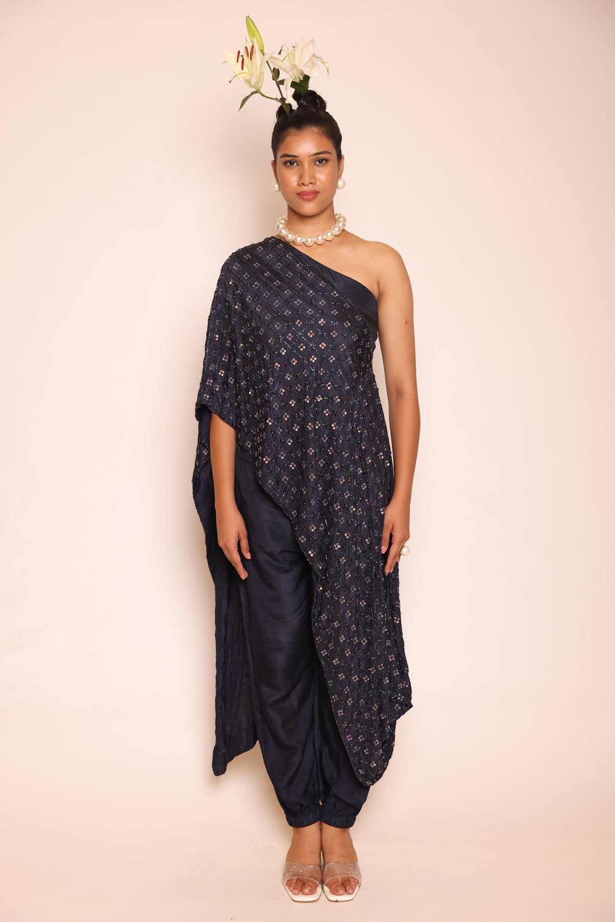 Midnight Blue Draped Top & Pants at ScrollnShops