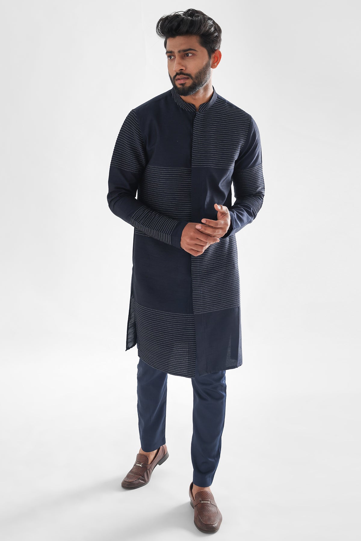 Buy Midnight Blue Pintuck Kurta Set for men by Paarsh Atelier online available at scrollnshops