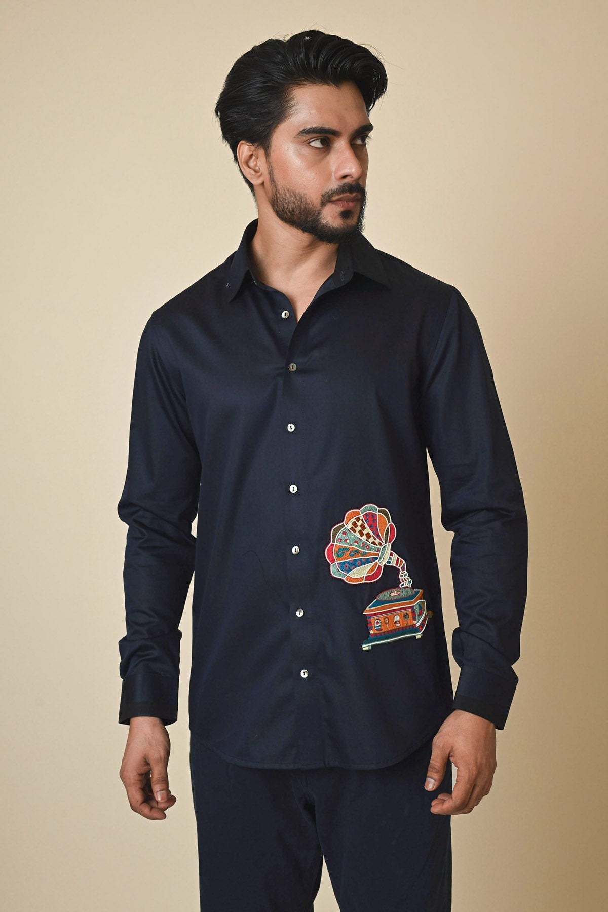 Buy Midnight Blue Thread Work Shirt for men by Paarsh Atelier online available at scrollnshops