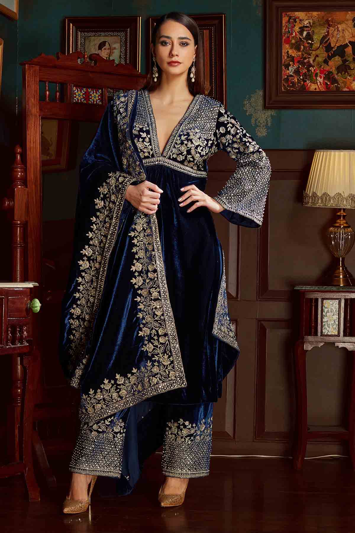 Priyanka Jain Midnight Blue Velvet Kurta Set for women online at ScrollnShops