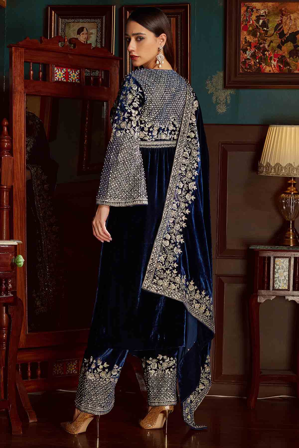 Midnight Blue Velvet Kurta Set
