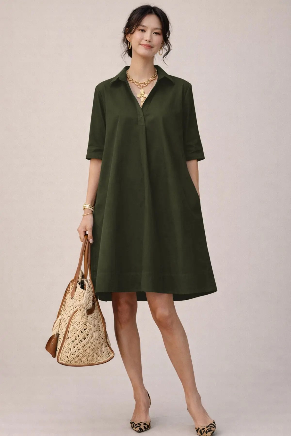 Military Cotton Box Pleat Dress