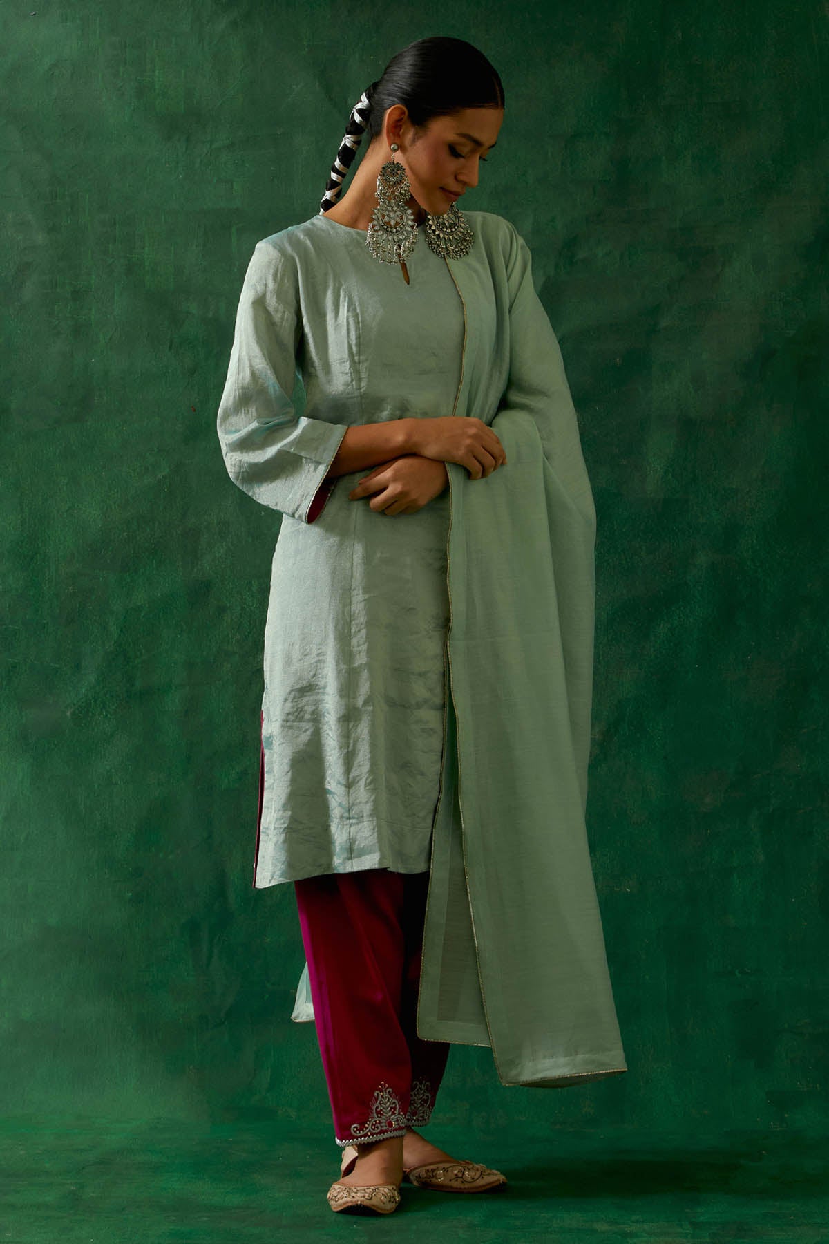 Mint Lace Work A-Line Kurta Set