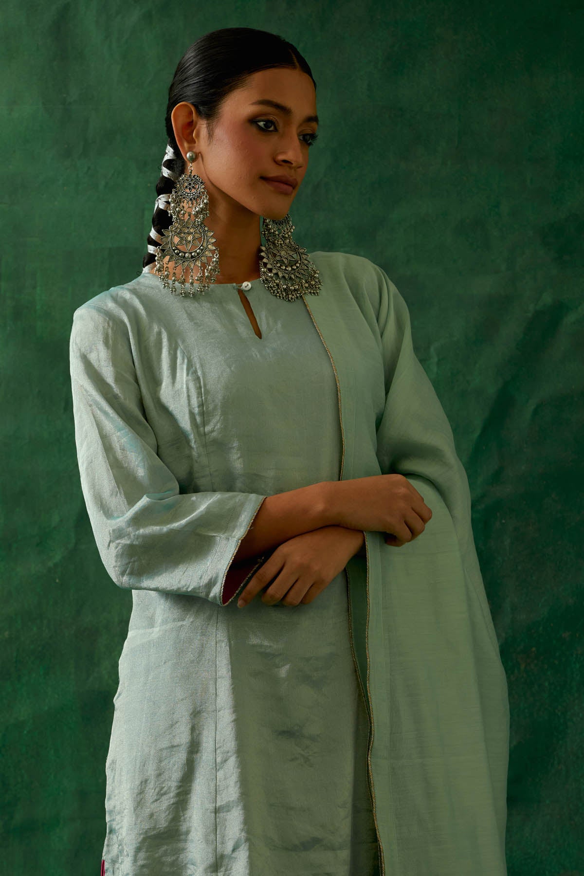 Mint Lace Work A-Line Kurta Set