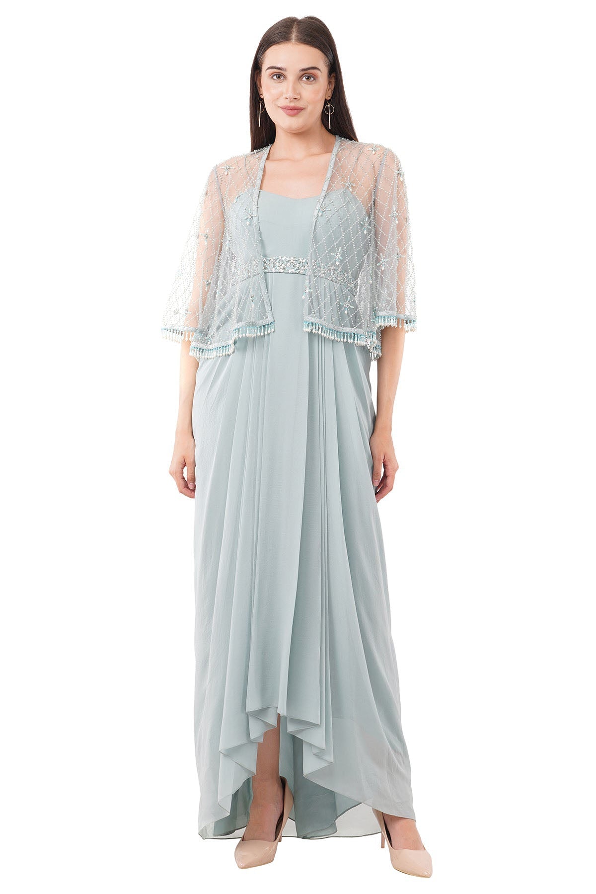 Anjali Kanwar Mint Asymmertical Dress & Cape for women online at ScrollnShops