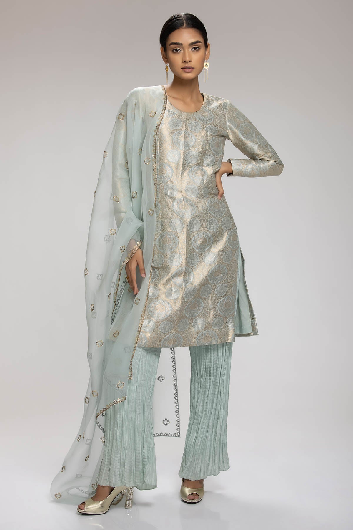 Chhaya Mehrotra Mint Banarasi Brocade Kurta Set for women online at ScrollnShops