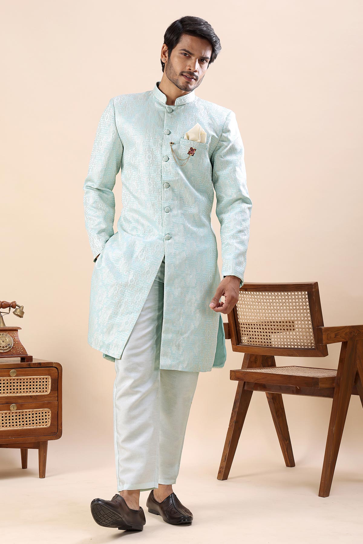 Buy Mint Blue Cotton Sherwani Set for men by Aastha Fashion online available at scrollnshops