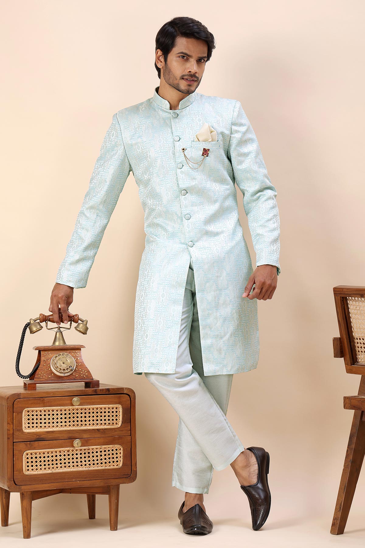 Mint Blue Cotton Sherwani Set