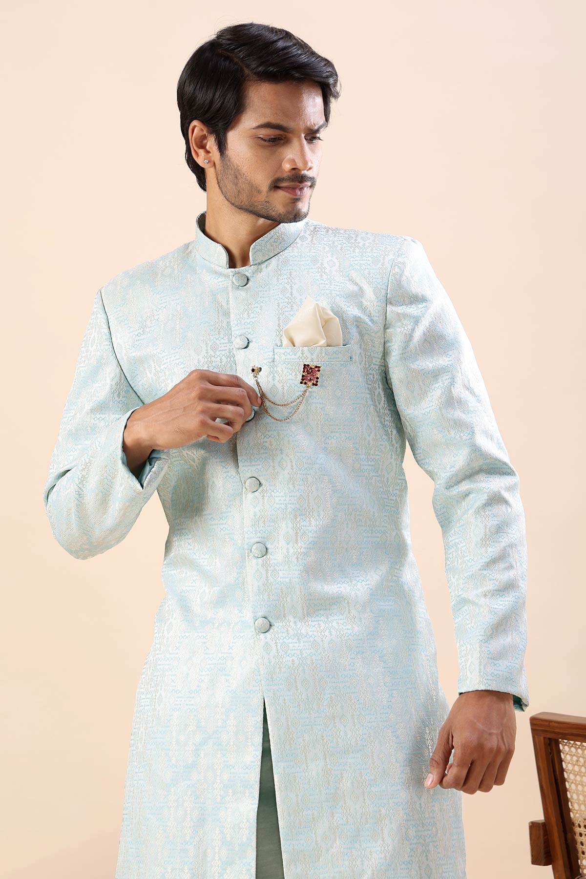Mint Blue Cotton Sherwani Set