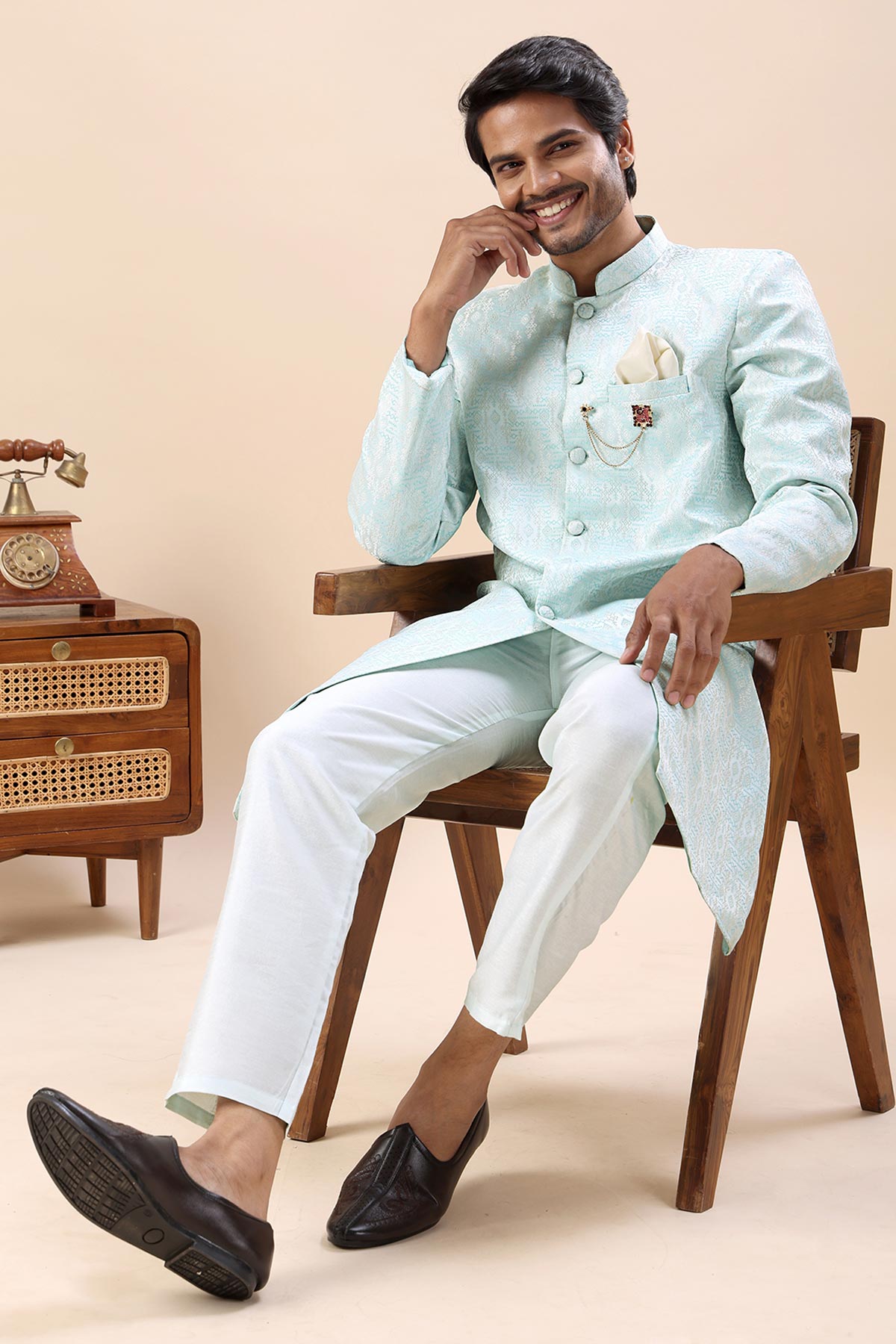 Mint Blue Cotton Sherwani Set
