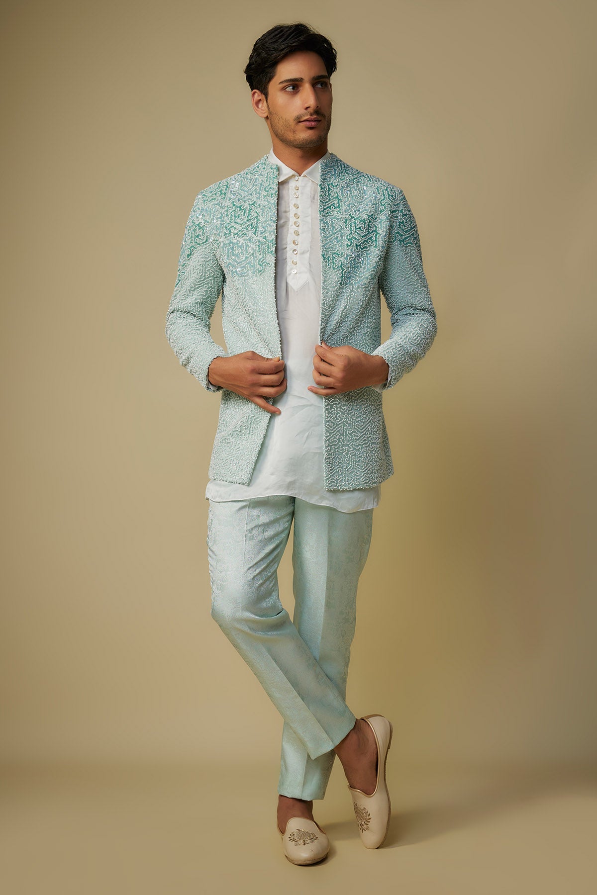 Buy Mint Blue Embroidered Jacket Set by Masumi Mewawalla for men online at ScrollnShops